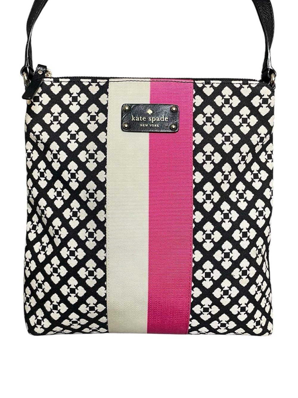 Kate Spade Varsity Stripe Black White Floral Spade Adjustable Leather Strap